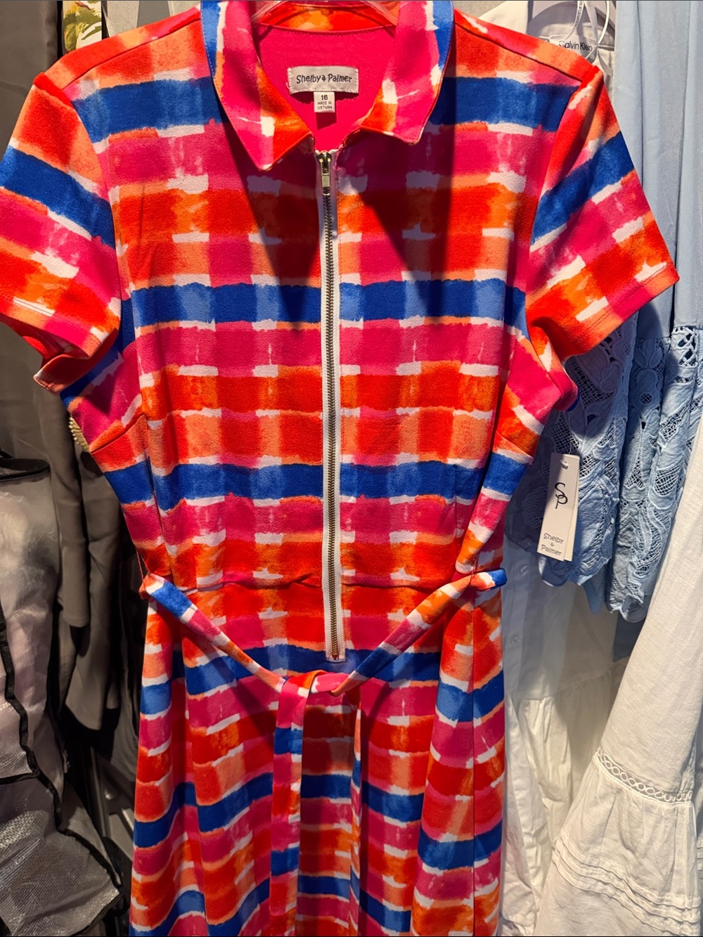 Shelby & Palmer Coral, Pink and Royal Blue Striped Zip-Front Midi Dress